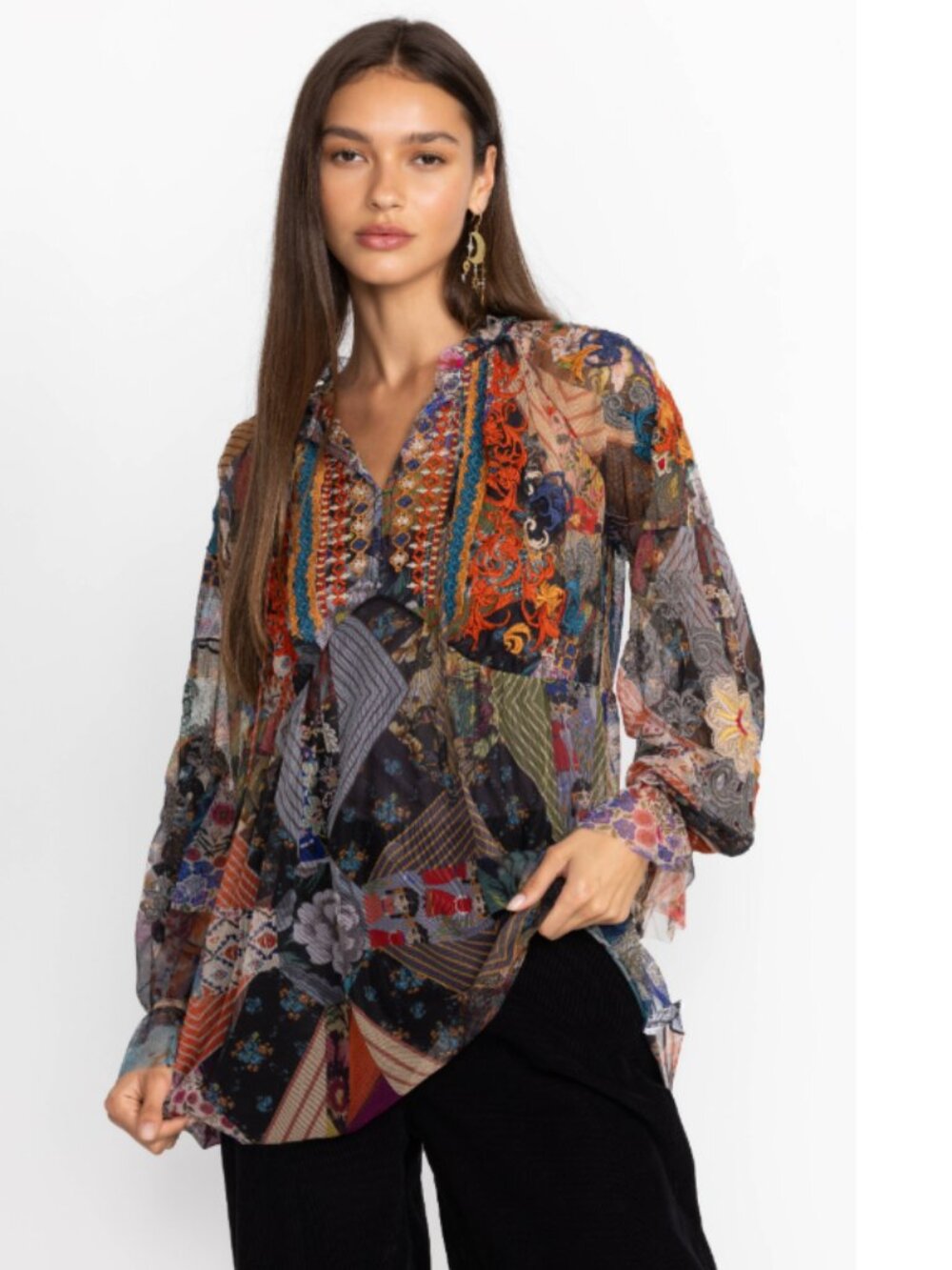 Johnny Was Mazzy Poet Patchwork Embroidered Floral Sheer Mesh Colorful Blouse